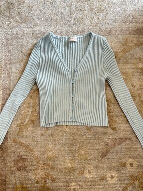 Ribbed V-Neck Button Front Cardigan in Light Blue